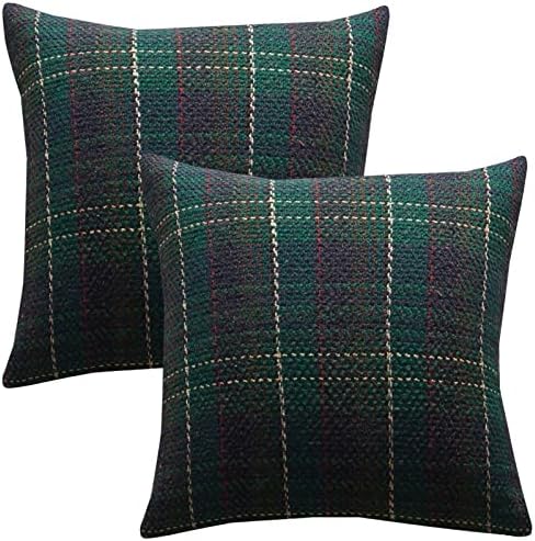 Green Plaid Pillow Covers 20x20 inch Set of 2 Knitting Tartan Pil...