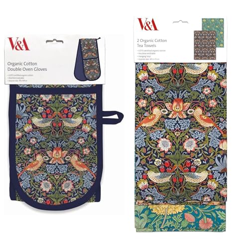 Image of Museums & Galleries Double Oven Glove and Tea Towel Set - Organic Cotton - William Morris 'Strawberry Thief' - Artistic Botanical Design - Stylish Kitchenware