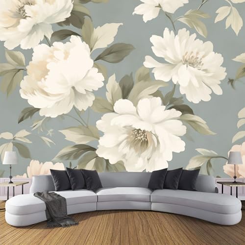 White Peony Wallpaper Wall Mural, Exquisite Flowers Photo Wallpaper, Grey 250×175 Cm (Wxh) Silk Cloth Art Roll Wallpapers Wall Covering, for Living Room Bedroom