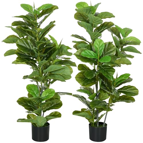 HOMCOM Conjunto de 2 Plantas Artificiales Decorativas 110x15 cm Árboles Artificiales de Ficus con 90 Hojas y Macetas para Interior Decoración para Sala de Estar Oficina Verde