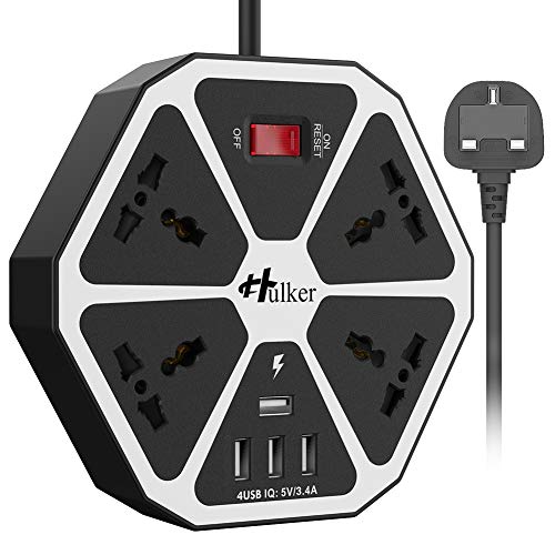 Extension Lead with USB Ports 4 Way Outlets 4 USB Ports Surge Protection Power Strip UK Power Socket with 2 Meter Bold Extension Cord with Fuse and Shutter Power Strips (Black)
