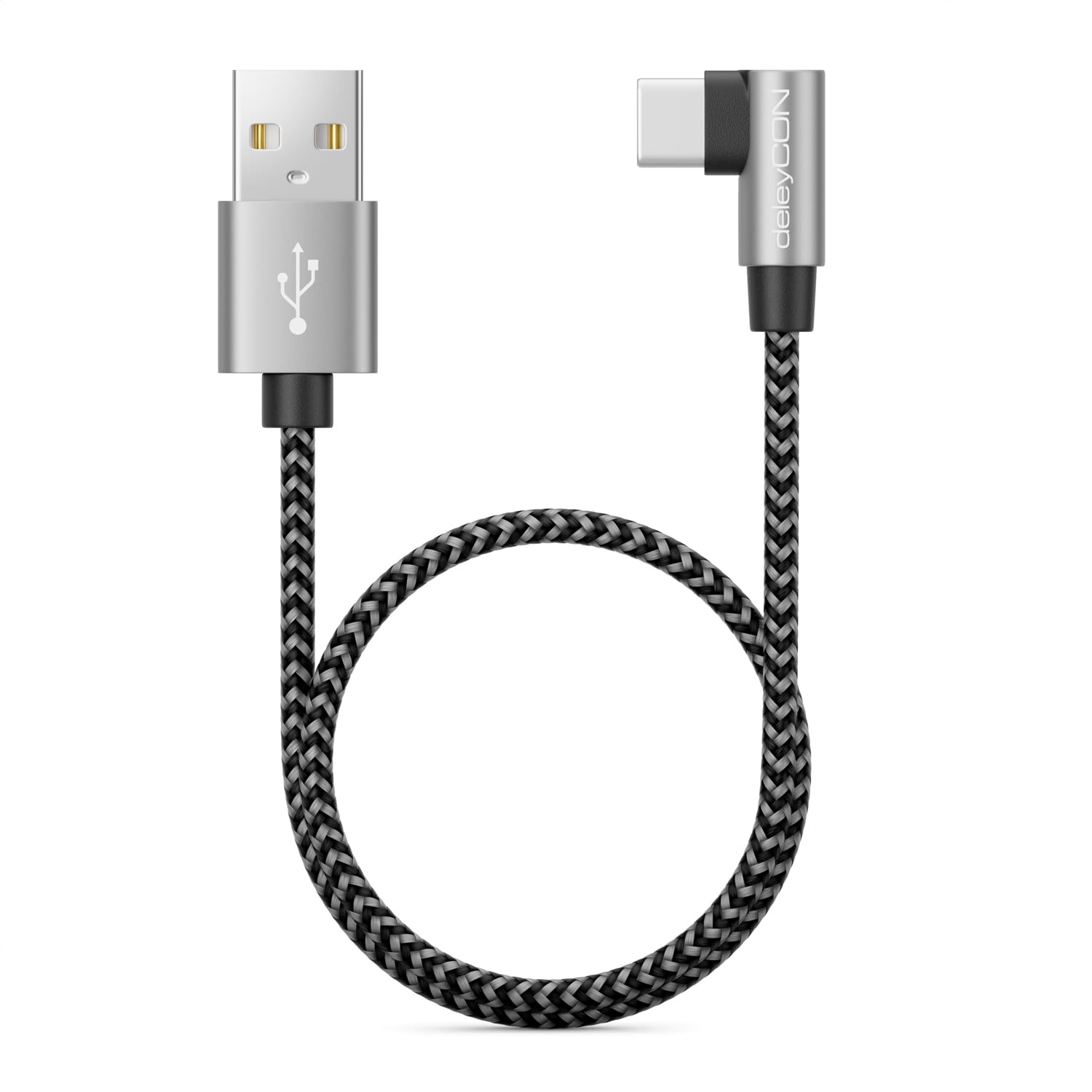 deleyCON 0,30m USB-A na USB-C Kabel - Wtyk USB C 90° Kątowy - Krótki 30cm A na C Kabel Ładowania do iPhone 17 15 16 Pro Max Air Samsung S26 S25 S24 Pixel iPad Pro MacBook Air Tablet Switch PS5