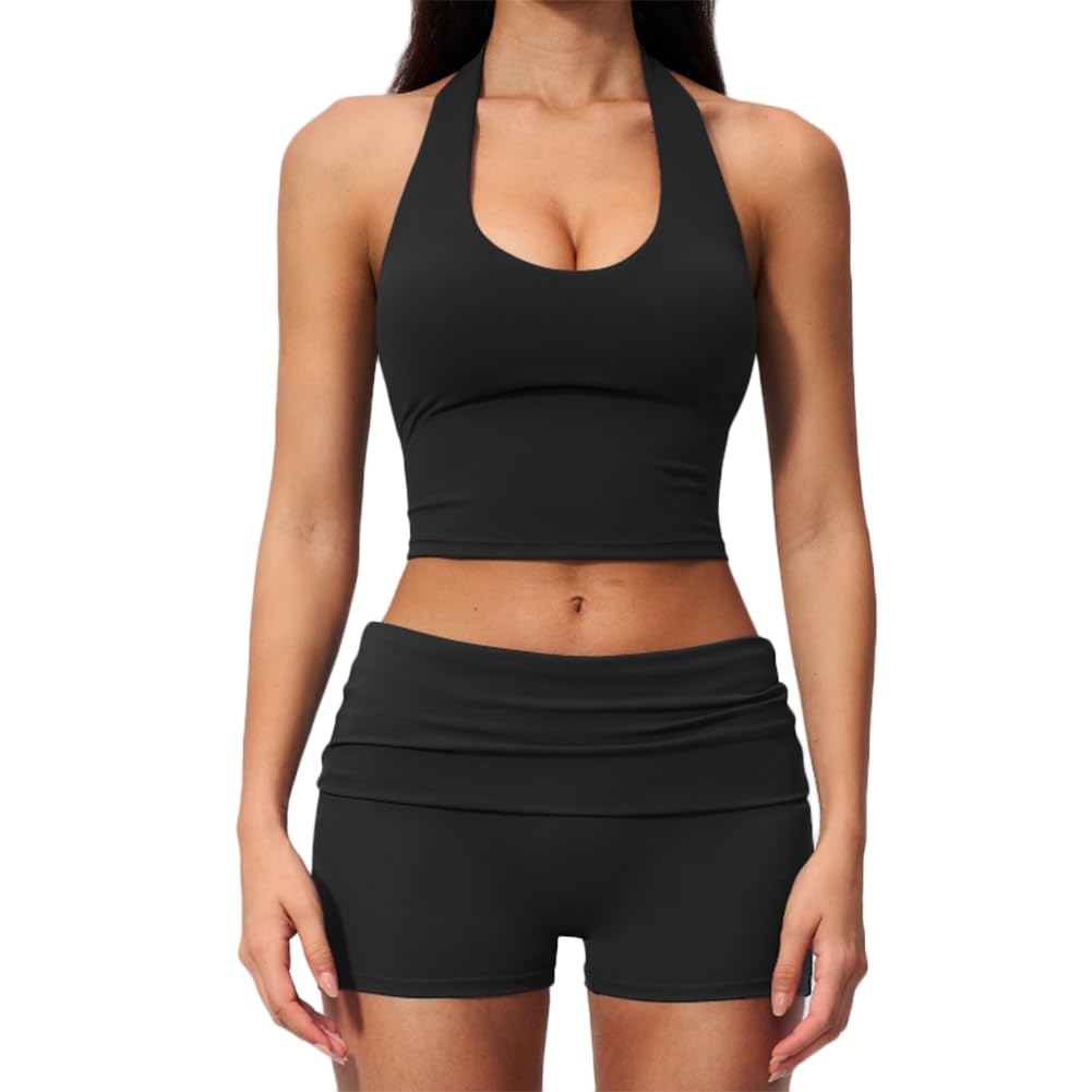 XYFfybhsd Workout Clothing 2-Piece Halter Tank Top & Biker Shorts Set = Yoga Fitness Gym Wear for Women(Size:S,Color:Black)