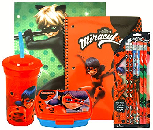 Miraculous Ladybug On The Go School Set- Drinking Cup with Straw, Food Container, Folder, Notebook (Green)