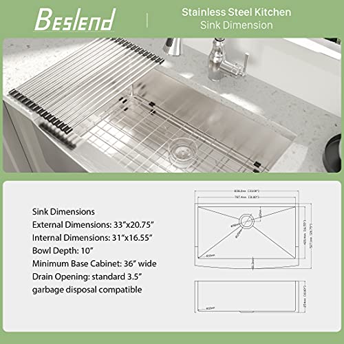 33 Inch Farmhouse Kitchen Sink - Beslend 33”X21”X10” Stainless Steel Apron Front Farm Sink 10 Inch Deep 16 Gauge Single Bowl Farm Sink #TOP6