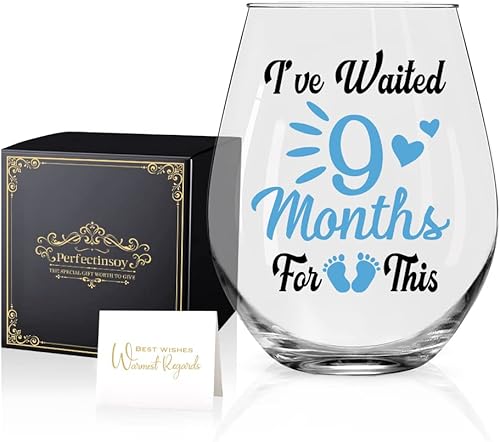 Perfectinsoy Copa de vino con texto en inglés "I 've Waited 9 Months For This Glass", divertida copa de vino sin tallo para mamá nueva, regalo para