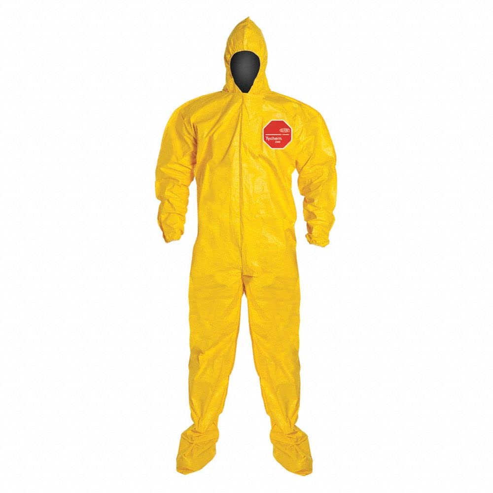 DuPont Yellow Tychem QC Chemical Protection Coveralls With Serged Seams, Front Zipper Closure, Attached Hood, Attached Sock Boots, Elastic Face And Elastic Wrists XL QC122SYL-XL
