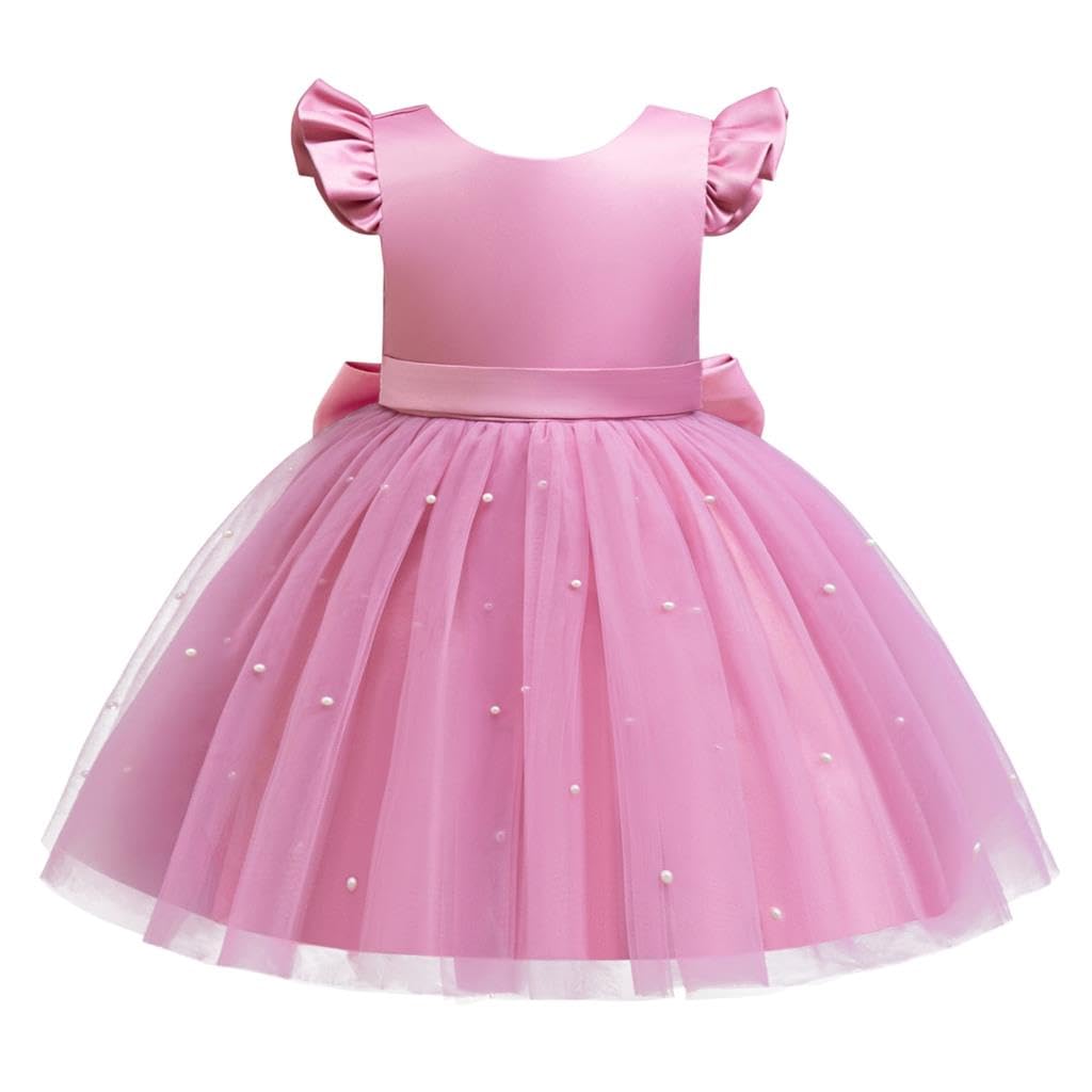 Lito Angels Robe de cérémonie Fille avec Perles | Perles délicates, manches à volants, dos en V, jupe tulle superposée, grand nœud au dos, Mariage, Cérémonie, Baptême, Noël