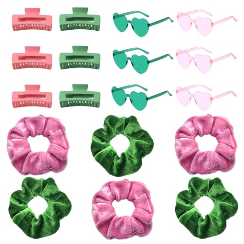 18PCS Witch Scrunchies Hairpin Sunglasses Pink and Green Cute Square Hair Clip Claws Sunglasses Accessories Hair Tie for Princess Witch Party Gifts