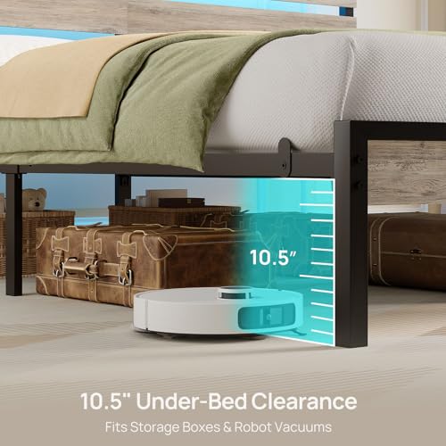 Image of Rolanstar Bed Frame Full Size with USB Charging Station, LED Bed Frame with Wood Storage Headboard, Light Grey Metal Platform Bed with Under Bed Storage, No Box Spring Needed, Noise Free