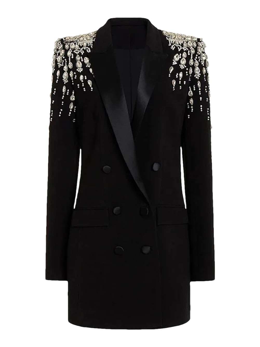 Womens Blazer Rhinestones Shoulder Pad Double Breasted Pockets Split Long Style Suit Jackets