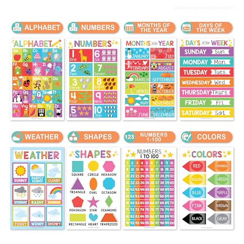 Hadley Designs 16 Educational Posters for Classroom Must Haves - Laminated Pre-K Posters for Toddler Homeschool Essentials, Toddler & Preschool Learning Activities, Kindergarten Classroom Decor