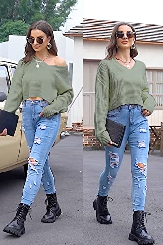Womens V Neck Waffle Knit Cropped Top Long Sleeve Pullover Crop Sweater4