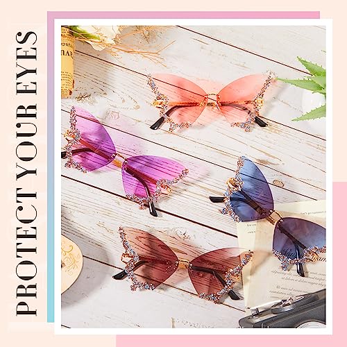 Xuhal 4 Pairs Rimless Butterfly Sunglasses Rhinestone Bling Sun Glasses Trend Gradient Butterfly Shaped Sunglasses for Women4