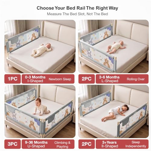 Image of BAYBEE Baby Bed Rail Guard (200x80cm) | Bed Railing for Baby Safety with 28 Height Adjustable Bedside Protector for Babies Falling | Foldable Bed Safety Guard for Kids (1 Side, (Light Grey)