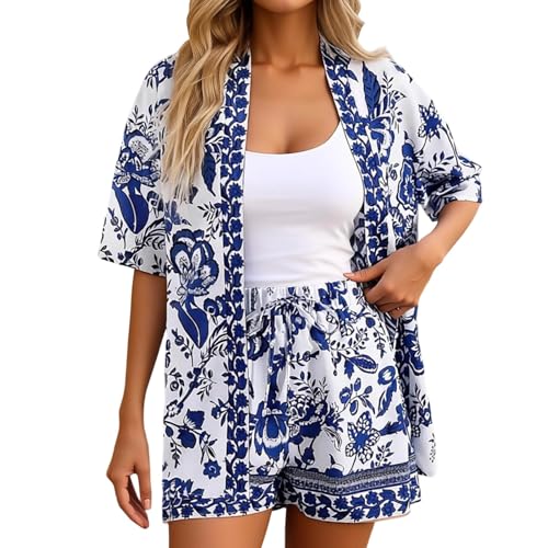 Conjunto de tops para mujer de 2 piezas, trajes de vacaciones hawaianos con estampado tropical, camisas y pantalones cortos, mono con cuello en V, manga vuela, pelele con cinturón, trópico, pierna