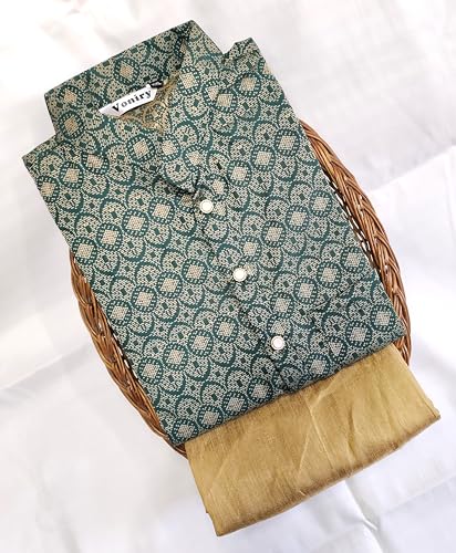Image of Men Regular Full Sleeve Silk Cotton Kurta with Golden Pajama Set