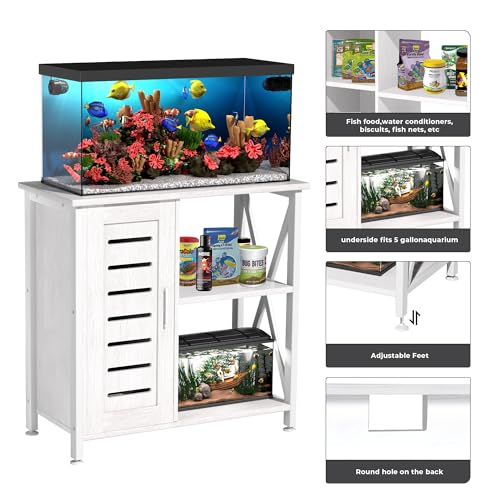 Image of Herture 20-29 Gallon Fish Tank Stand, Aquarium Stand with Cabinet Accessories Storage, Heavy Duty Metal Frame, 31.49 inch L*15.74 inch W Tabletop, 330LBS Capacity,White PG07YGW