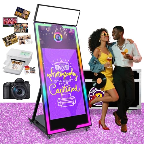 Image of Magic Mirror Photo Booth with Camera and Printer 65'' Mirror Photo Booth with 43'' Interactive Touch Screen Built-in Mini PC with Instant Print Rental Wedding Party (Black+Camera+Printer, 65-43in)