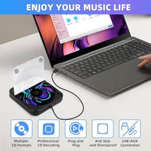 Image of Portable CD Player for Car, External Car CD Player with USB /AUX Ports, Anti-Skip, Universal Music Player for Vehicle, Laptop, TV, Computer, Plug & Play