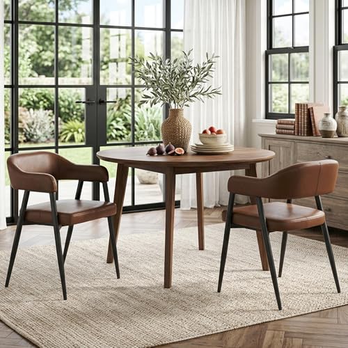 Image of HNY Modern Dining Room Arm Chairs Set of 2, Retro Faux Leather Upholstered Barrel Dining Chairs with Arms Mid-Century Brown Accent Chair with Metal Legs, Open-Back Kitchen Side Chair for Living Room