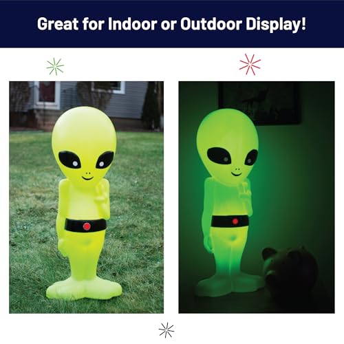 Image of 24-Inch Lighted Alien Novelty Blow Mold Light - Cute Retro Green Martian with Peace Sign - Indoor /Outdoor Display, Sci-Fi Decor, Unique Yard Art with Plug-in Lights