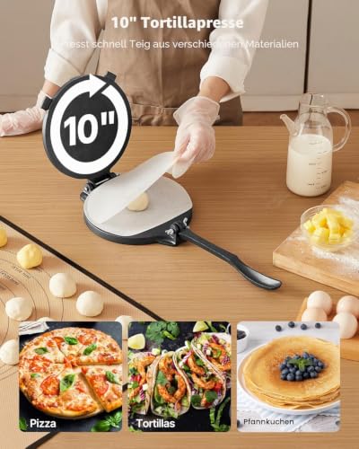 VEVOR Tortillapresse Taco Presse (25 cm) aus Graueisen, robuste Pataconera-Maker mit Griff & 100 Stk. Pergamentpapier, Teig-Presse für Tortilla, Kolumbianische Pataconera professionelle Roti Maker