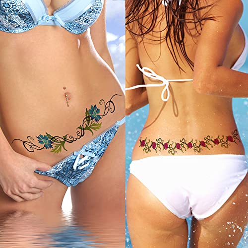 Sexy Flower Navel Tattoo Stickers 12 Sheets Long Belly Abdomen Waist Back Waterproof Temporary Tattoos For Women Girls Fake Body Tattoos #TOP4