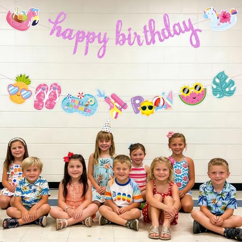 Image of Summer Happy Birthday Banner for Pool Party Decoration Supplies | Beach Hawaii Luau Tropical Garland, Pink, Paper