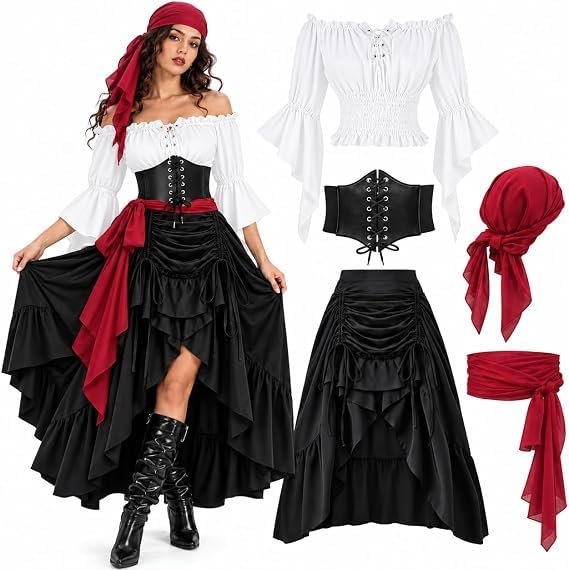 5pcs Pirate Costume Women, Halloween Costumes for Women including Pirate Top, Skirt, Corset, Belt and Scarf, Medieval Renaissance Costume for Halloween Carnival Cosplay and Fancy Dress — image 1