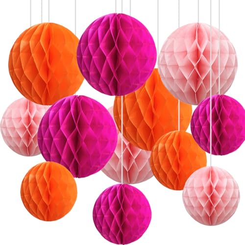 CC wonderland zone 12pcs Orange and Pink Paper Honeycomb Balls 6 & 10 Hanging Tissue Pom poms for Birthday Party Decoration(Hot Pink Pink Orange)