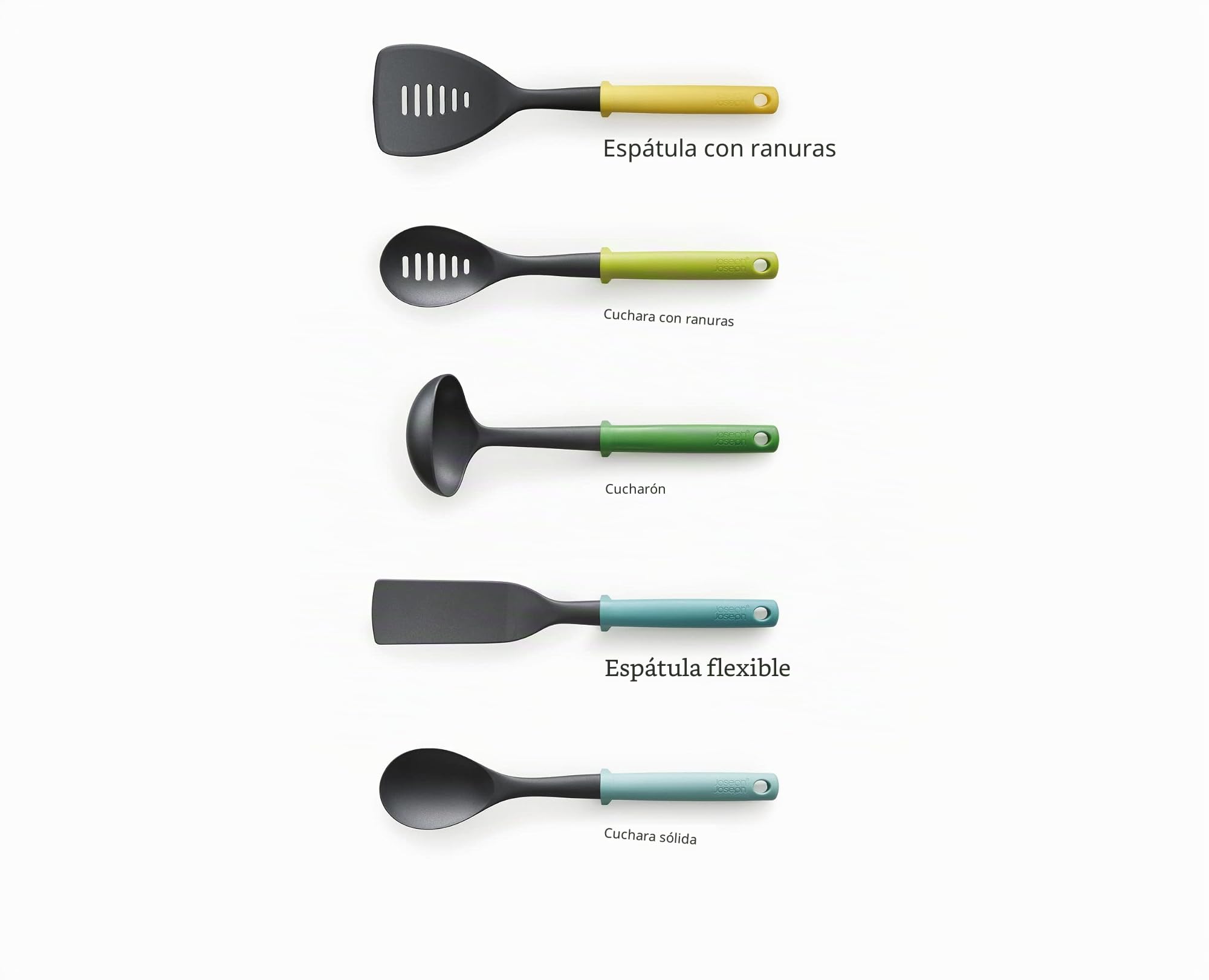 Joseph Joseph Duo Utensilios de Cocina, 5 piezas, Accesorios de cocina resistentes al Calor, Cucharas y Espátulas, Multicolor