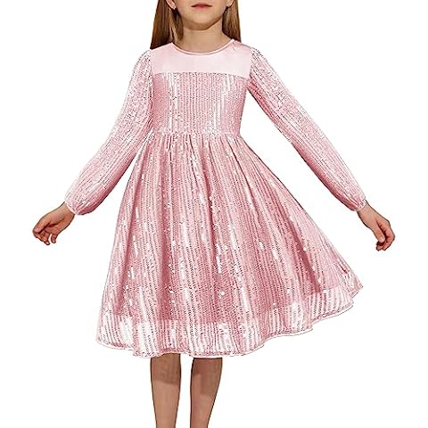 Danna Belle Girls Sequin Dress Mesh Long Sleeve Formal Pageant Birthday Party Sparkle Dresses for Girl 8-10 Pink Cover