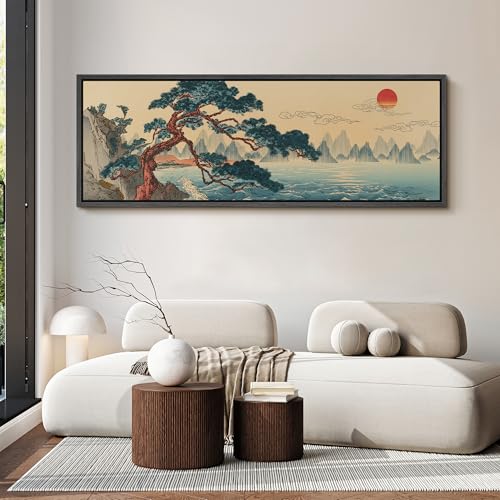 Image of MUDECOR Large Framed Canvas Print Wall Art Traditional Asian Coastal Pine Tree Sunrise Landscape Antique Retro Ready to Hang Painting for Living Room Bedroom Multi-Sizes - 60 inchx20 inch