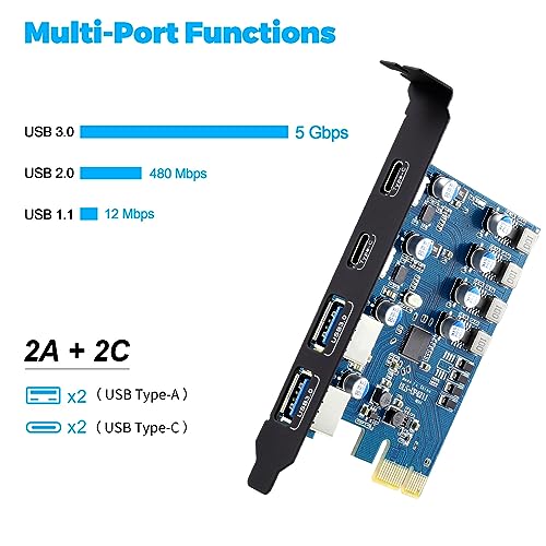 Karta USB 4 porty (2 xUSB C, 2 xUSB A) 5 Gbps, PCIe USB 3.0/USB 3.2 (USB 3.1) Gen1 karta rozszerzeń do komputera stacjonarnego, obsługa Mac OS Windows