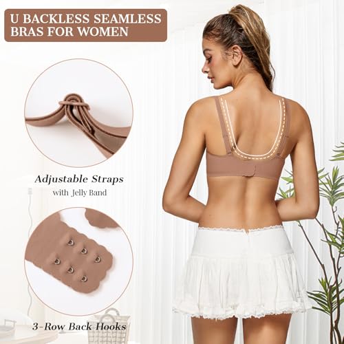 Image of OEAK Womens Comfortable Bras Wireless Bras Push Up Bralettes Scalloped Mesh Bras Seamless Tshirts Bras Deep V Everyday Bras
