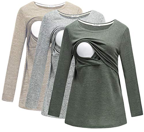 Image of Bearsland Women's 3 Packs Maternity Clothes Long Sleeves Breastfeeding Shirts Nursing Top