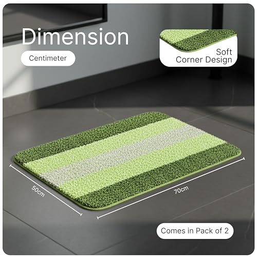 Image of Saral Home Microfiber Striped Rectangle Shaped Anti-Skid Bath Mats | Soft & Super Absorbent Mats for Shower | Washable, Non-Slip & Quick-Drying Mats, 50X70 CM | Pack of 2 (Green)