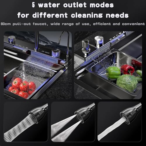 Image of LUXART 5 Switch Piano Stainless Steel Multifunction Kitchen Sink 30x18x10 Inch - LED Digital Display & RO Tap Multifunctional Sink | Honeycomb Design Smart Sink with Waterfall & 360 Pull-Down Faucet