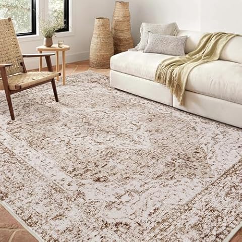 Lofus 6x9 Area Rugs for Living Room, Washable Area Rug, Rugs for Bedroom, Kitchen Rugs, Vintage Boho Carpet, Soft Non-Slip, Low Pile Large Area Rug for Office Dining Room, Vintage Beige Brown Cover