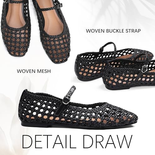 Image of Woven Mesh Ballet Flats for Women Square Toe Mary Jane Flats Buckle Strap Flat Shoes Comfortable Ballerina Flats Dressy Mesh Shoes Casual Mary Janes for Women