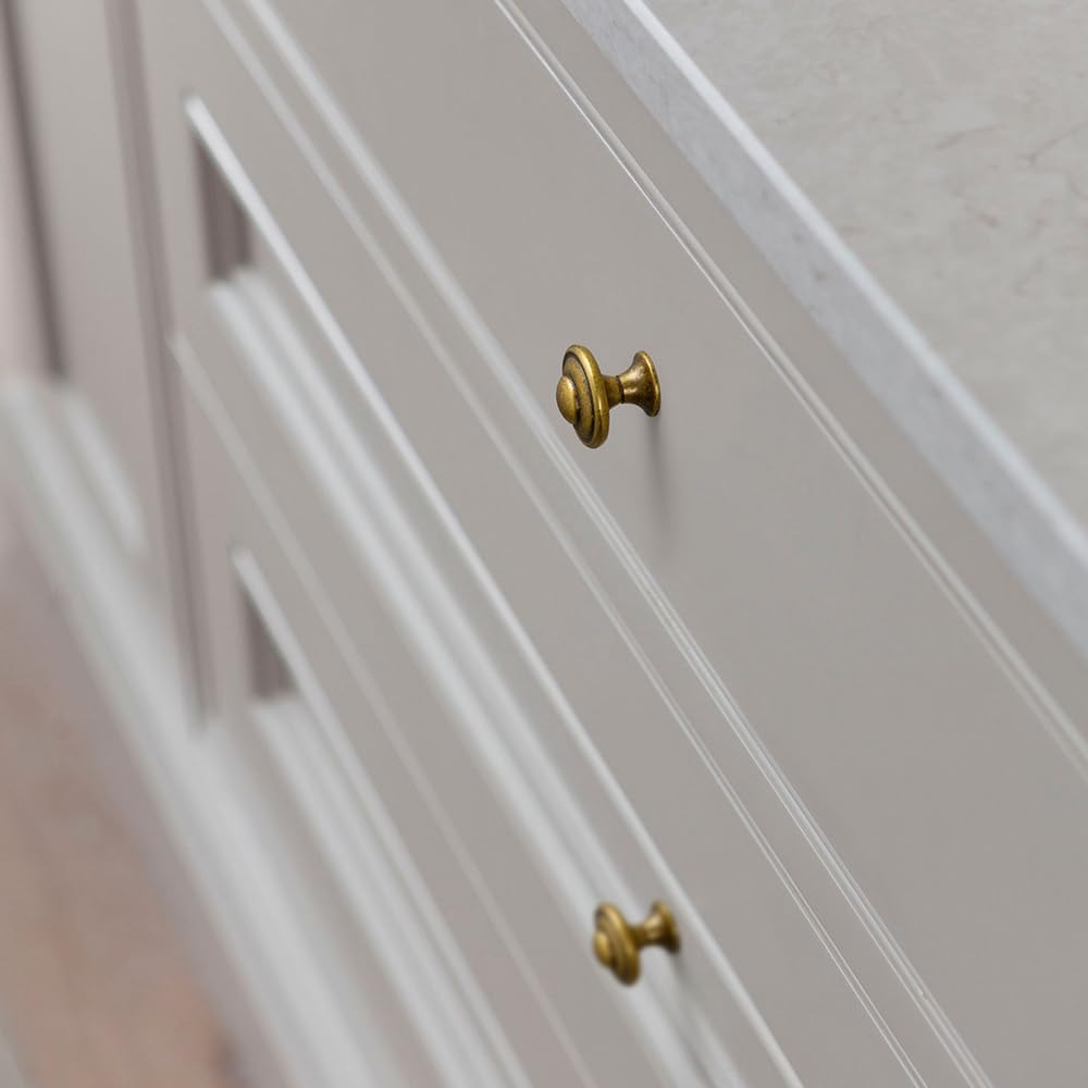 Set of 12 Antique Brass Cabinet Knobs with Layered Concentric Ring Design – Vintage Decorative Handles for Classic and Rustic Style Kitchen Drawer