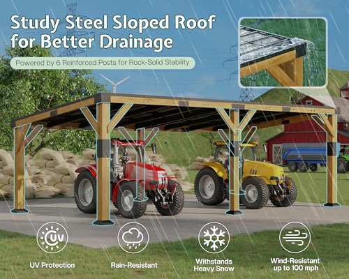 Image of Jocisland 12x24x8.2 FT Cedar Wood Carport for 2 Cars, Heavy Duty Canopy Carport with Sloped Galvanized Steel Roof for All Weather, Permanent Shelter for Full-Sized Pickup Truck, Boat & Tractor