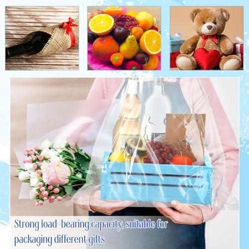 Image of Wonderjune Wooden Baskets for Back to School Gifts Empty Wood Basket with Cellophane Bag Ribbon Greeting Card for Birthday Baby Shower Wedding Housewarming Gifts Packaging(Blue,Small)