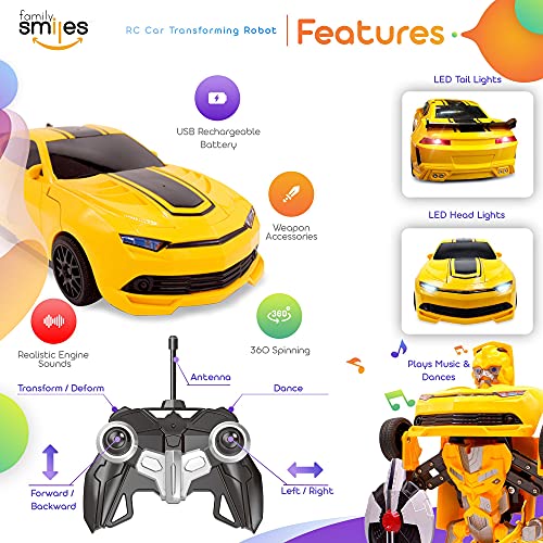 Kids Rc Toy Sports Car Transforming Robot Remote Control With One Button Transformation, Realistic Engine Sounds, 360 Speed Drifting, Sword And Shield Included Toys For Boys 1:14 Scale Yellow #TOP1