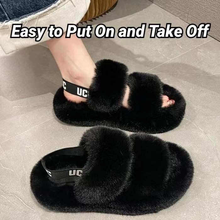 Women's Fuzzy Slippers Adjustable Fluffy Thick Sole Cozy Comfy Memory Foam Open Toe House Slippers Faux Fur Soft Plush Two Band Slides Anti-Skid Indoor Outdoor Home Bedroom for Women2