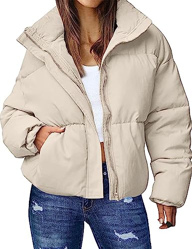 Wyeysyt Women's Winter Zip Cropped Puffer Jacket Long Sleeve Warm Short Down Coats Stand Collar Quilted Jacket with Pockets(Khaki-M)