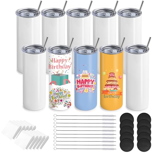 MSYU 10 Pack Sublimation Tumblers Bulk 20 oz Stainless Steel Straight Skinny Tumbler White Double Walled Vacuum Tumbler with Straws and Lid for DIY Memorial Gifts Individually Boxed