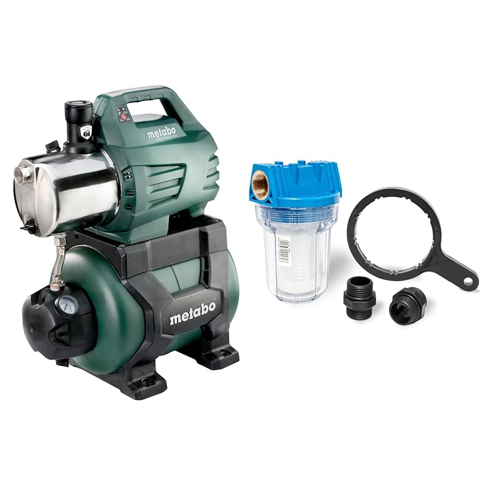 Metabo Hauswasserwerk HWW 6000/25 Inox (600975000) Karton, Nennaufnahmeleistung: 1300 W, 6000 l/h, Max. 55 m & Güde 94460 Schmutzfilter Kurz Sandfilter Vorsatzfilter, 1 Stück (1er Pack)