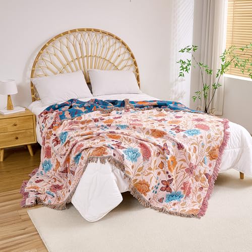 Image of VANJOROY Boho Throw Blanket, 100% Organic Cotton Breathable Ultra Soft 91 inch x 98 inch Bed Quilt Throw - All Season Floral Rustic Farmhouse Decor Luxury Reversible Blanket for Sofa Couch Chair and Gift